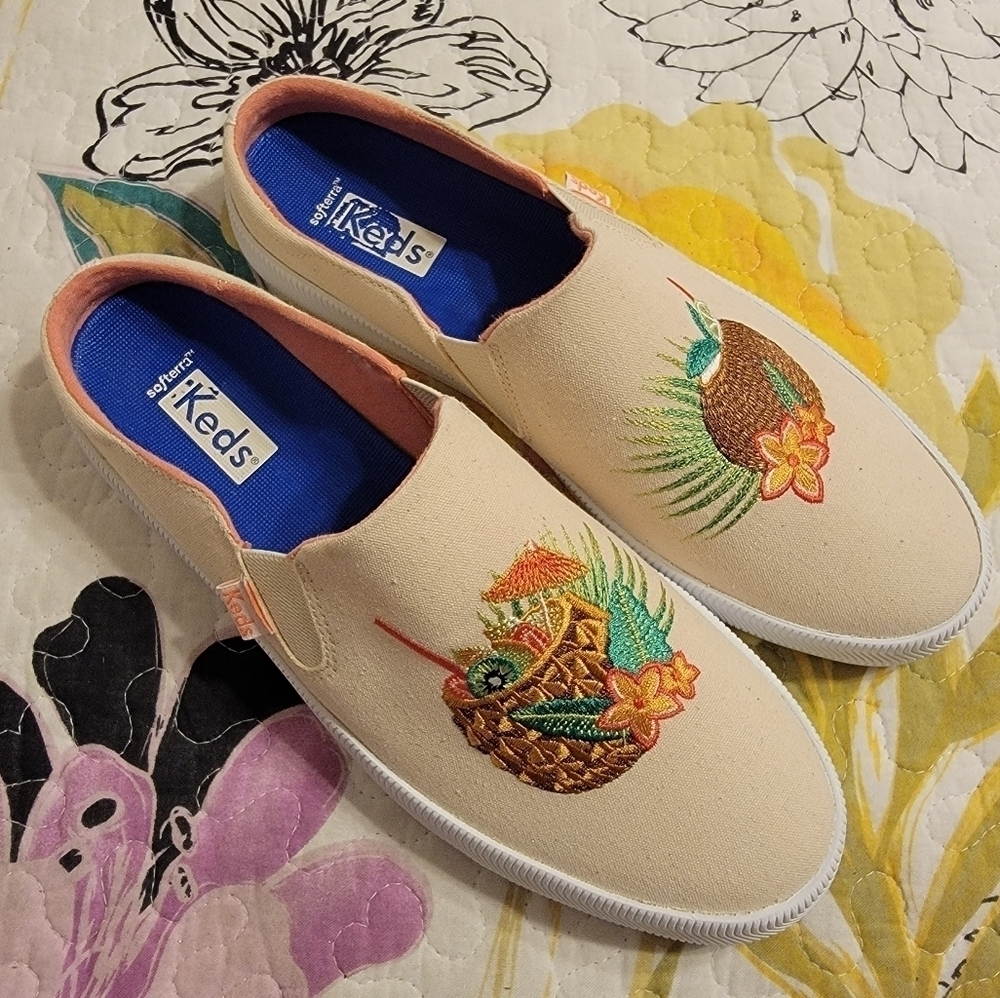 NWOT Keds Kickback Mule / Slip On Sneakers, Embroidered Tropical Cocktail Design